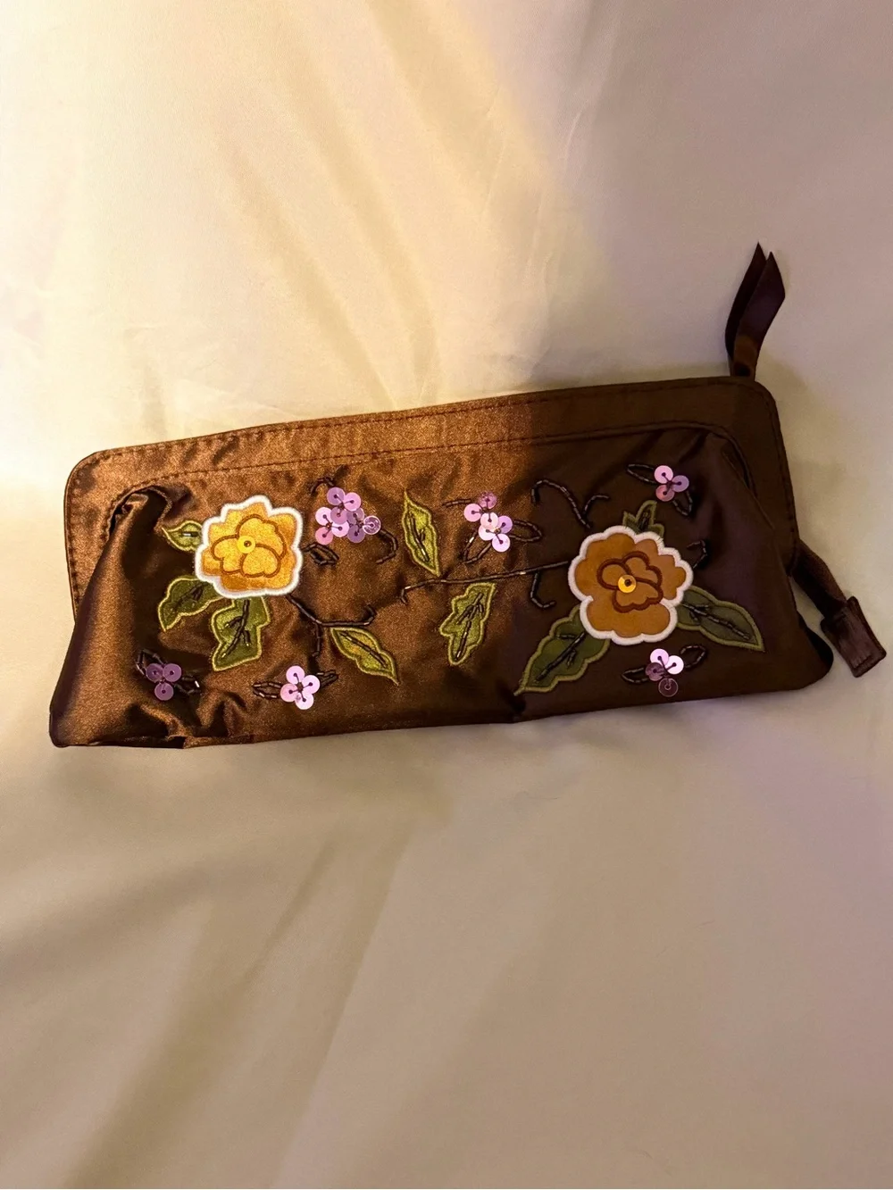 Avon 2006 Brown Satin Floral Embroidered Sequin Clutch Y2K Evening Bag